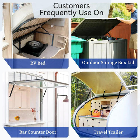 Heavy Duty Gas Struts 15 Inch With Brackets 2 Pack Smooth Lift Supports For RV Bed And Camper Hatch shown on various lids.