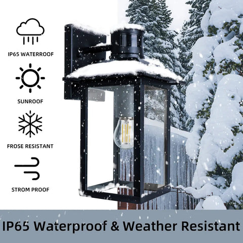 Motion Sensor Outdoor Wall Light With Dusk To Dawn Sensor PIR Activated Waterproof Porch Light in snowy setting