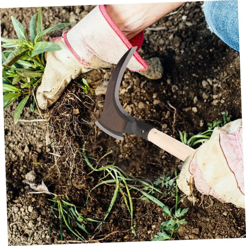 Gardener using Long Handled Manganese Steel Multi Functional Sickle For Weeding And Harvesting With Ergonomic No Sweat Grip on weeds