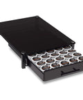 Premium Glass Coffee Stand With Pod Drawer For Keurig Coffeemakers Keeps Pods Handy On The Counter, drawer open with pods