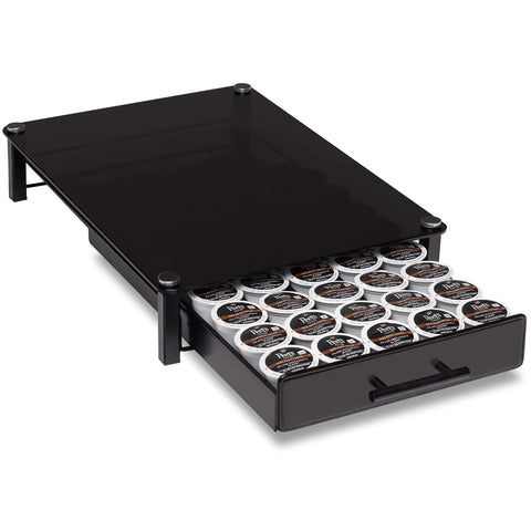 Premium Glass Coffee Stand With Pod Drawer For Keurig Coffeemakers Keeps Pods Handy On The Counter, drawer open with pods