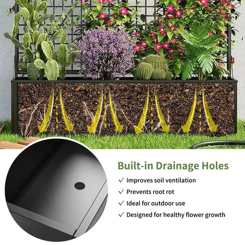 Metal Raised Garden Bed With Built In Trellis And Privacy Screen For Patio 71 Inch By 47.2 Inch By 16 Inch; drainage details shown