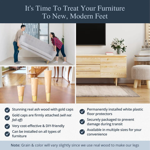 Ash Wood Furniture Legs With Gold Caps Set Of 4 Complete Install Kit displayed with sofas and tables in a modern room.