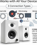 PC Speakers With Bluetooth 5.3, 3-Inch Full-Range Drivers, showing connection types and compatible devices