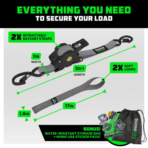 Heavy-Duty Retractable Ratchet Straps Two-Pack, 1-Inch X 10-Feet Long, 1209-Lb Capacity, Gray Cargo Tie-Downs For Trucks And Trailers, with soft loops and storage bag.