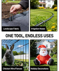 Collage showing 120 Pack Landscape Staples 6 Inch 11 Gauge Galvanized Ground Anchors used for fabric, hoses, fences, and decorations.