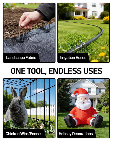 Collage showing 120 Pack Landscape Staples 6 Inch 11 Gauge Galvanized Ground Anchors used for fabric, hoses, fences, and decorations.