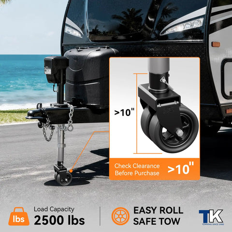 Heavy Duty 2,500 Lbs Dual 6 Inch Beefed Up Trailer Jack Swivel Caster with upgraded spoked wheels on a boat trailer