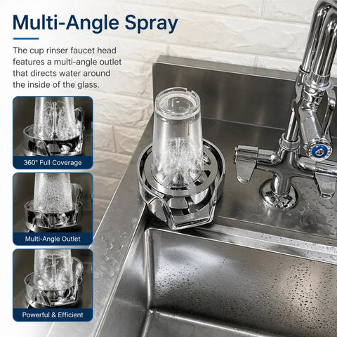 Slick Automatic Glass Rinser Head Powered By Standard Faucet Pressure For Quick Hands Free Cup Cleaning Heavy Duty Sink Attachment, showing multi-angle spray.