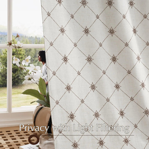 Farmhouse Diamond Geometric Curtain Panels 96 Inches Long W52 X L96 Natural Linen Semi Sheer 250Gsm Light Filtering Window Treatments For Living Room With Pocket Back Tab Cozy Vibe displayed in a living room setting.