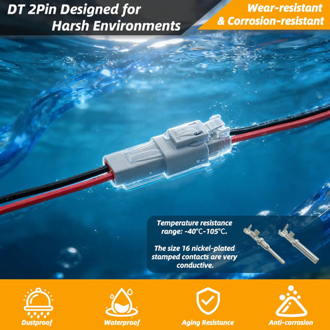 2 Pin DT Waterproof Connector Kit, connector submerged in water, showcasing durability, wear-resistance, and corrosion-resistance.
