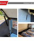 Rugged Gas Struts With Mounting Brackets 17 Inch Lift Supports for Toolboxes and RV Hatches shown in various uses.