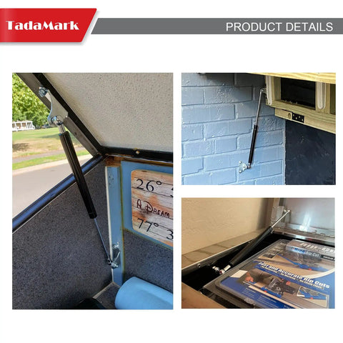 Rugged Gas Struts With Mounting Brackets 17 Inch Lift Supports for Toolboxes and RV Hatches shown in various uses.