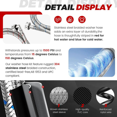 Details of 6Ft Stainless Steel Washer Hose With 90 Degree Elbow For All Washers 2 Pack Burst Proof Braided Hoses diagram.