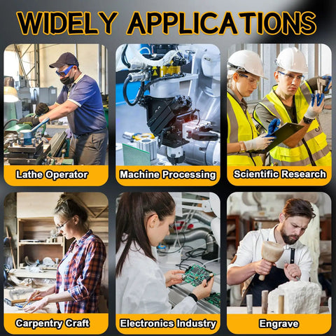 Collage showing various applications: lathe operation, machine processing, scientific research, carpentry, electronics, engraving.