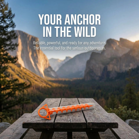 Beefy Ground Anchors For Heavy Duty Screw In Tent Stakes Built For High Wind And Loose Sand Perfect For Canopies, Shade Shelters, RV Awnings, Dogs, Trampolines, And More With T Grip Tool Included Two Pack, displayed on a wooden table against a mountain backdrop.