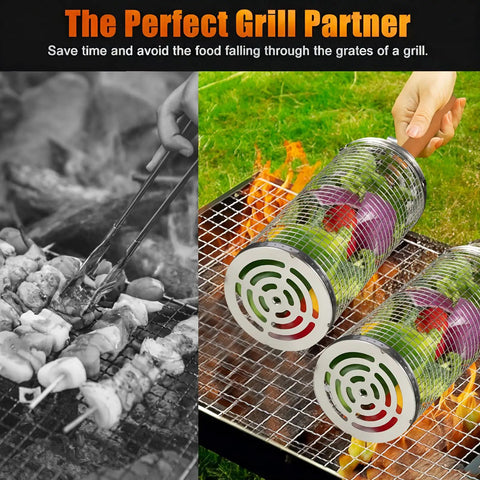 Outdoor Grill Baskets Set 2 Pack Stainless Steel Grillin Baskets With Long Wooden Handles For Easy Turning And Even Heat Barbecue Gear For Men Gift Idea