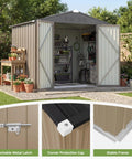 8x6 Ft Outdoor Storage Shed With Floor Frame, Sloped Roof Metal Tool Shed With Lockable Door in a garden setting