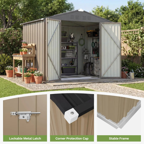 8x6 Ft Outdoor Storage Shed With Floor Frame, Sloped Roof Metal Tool Shed With Lockable Door in a garden setting