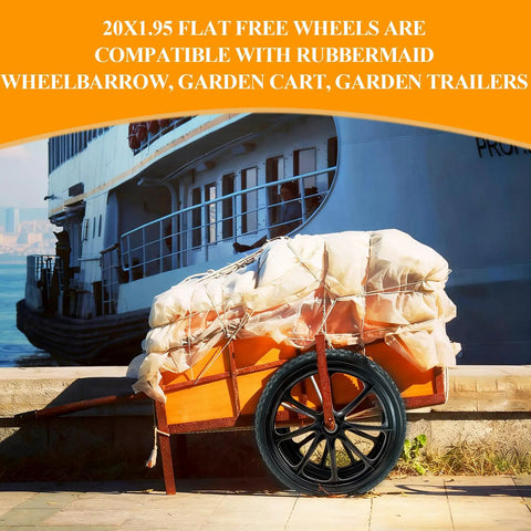 20 Inch Flat Free Wheelbarrow Wheels And Tires With 2.45 Inch Centered Hub For Three Quarter Inch And Five Eighth Inch Axles