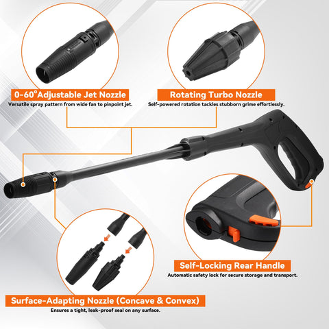 Image showing High Pressure Washer Gun Kit With Turbo Wand And Adjustable Fan Wand From 0 To 60 Degrees Locking Hose Design and features