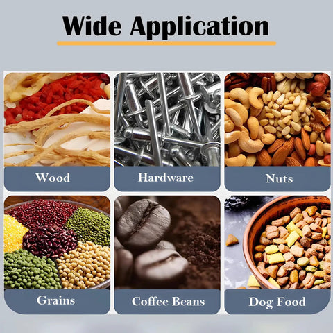 Wide application image showing various materials: wood, hardware, nuts, grains, coffee beans, and dog food.