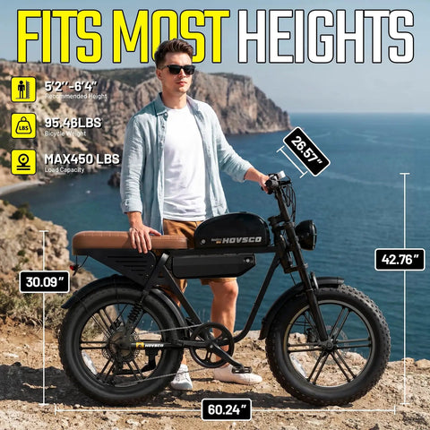 Man standing next to Beast Mode 1500W Peak Electric Fat Tire Bike For Adults, All Terrain 20x4.0 With Removable 48V Battery.