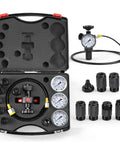 Upgraded Nitrogen Charging Kit With 3 Gauges 100 To 400 Bar 1500 To 6000 PSI, case open showing gauges and couplings