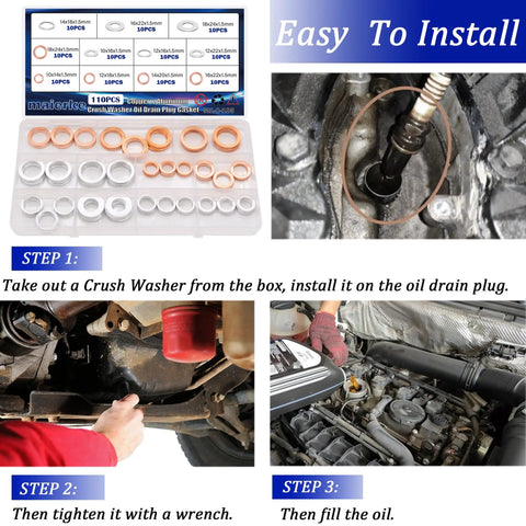 110 Piece Crush Washer Set For Oil Drain Plugs Copper And Aluminum Washers In 5 And 6 Sizes For M10 M12 M14 M16 M18 Engines