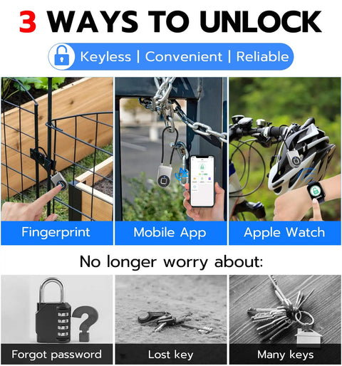 Fingerprint Cable Lock With Biometric Unlock 3.6 Inch Shackle Keyless Bluetooth Smart Padlock features, unlocking options display.