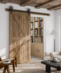 7.5Ft Heavy Duty Sliding Barn Door Hardware Kit with quiet smooth operation installed on 45 inch wooden door panel.