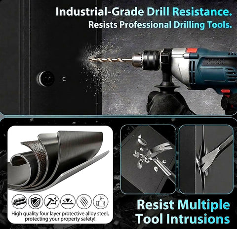 Beefy Biometric Gun Safe for 12 Rifles and 4 Pistols With Digital Keypad featuring industrial-grade drill resistance demonstration
