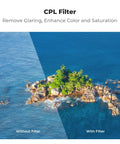 Comparison of island photo with and without DJI Mini 4 Pro Filter Kit 4 Pack CPL UV ND8 ND16 Multi Coated Optical Glass.