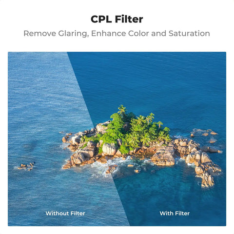 Comparison of island photo with and without DJI Mini 4 Pro Filter Kit 4 Pack CPL UV ND8 ND16 Multi Coated Optical Glass.