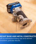 Slick Action 20V Cordless Trim Router Featuring Micro Adjustment Dial And Dual Led Lights For Tight Corners and Crisp Edges On Any Knockout Build Bare Tool Rig on wooden surface.