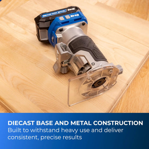 Slick Action 20V Cordless Trim Router Featuring Micro Adjustment Dial And Dual Led Lights For Tight Corners and Crisp Edges On Any Knockout Build Bare Tool Rig on wooden surface.