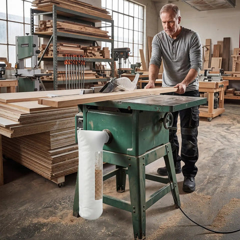 Heavy Duty Table Saw Dust Collector Bag With Clear View Window For 10 Inch Table Saws And 2 Point Five Inch Fittings on green saw.