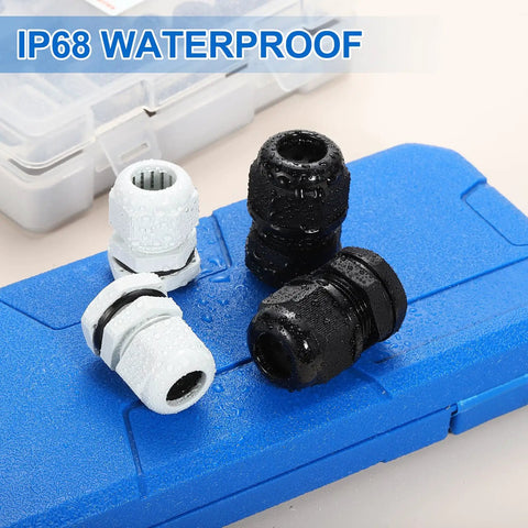 30 Pcs M25 Cable Gland Set For 12 To 15mm Wire Holes Waterproof Nylon Joint displayed on blue case