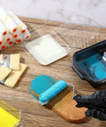 Pro Level Microfiber Paint Roller Set With Beefy Frame And Spill Tray Including Five Mega Grip Rollers And Three Soft Touch Brushes in use.