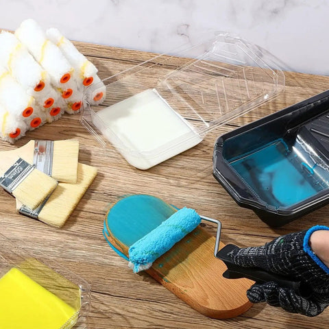 Pro Level Microfiber Paint Roller Set With Beefy Frame And Spill Tray Including Five Mega Grip Rollers And Three Soft Touch Brushes in use.