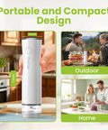 Portable Handheld Vacuum Sealer For Food With 32 Reusable Bags, shown in use indoors and outdoors, 7-inch compact design.