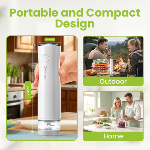 Portable Handheld Vacuum Sealer For Food With 32 Reusable Bags, shown in use indoors and outdoors, 7-inch compact design.