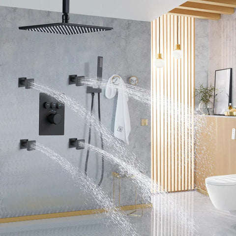 Bathroom setup with Shower Body Spray Solid Brass Massage Jets With Wall Mount, Dope Matte Black Swivel Shower Head, Independent Flow Control
