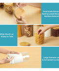 Airtight Glass Storage Jars Set Of 7 With Bamboo Lids For Pasta Cookies Nuts Coffee Beans Cereal Flour Pantry Organization BPA Free Clear Glass Canisters in use, showcasing bamboo lids, wide-mouth design, and large diameter.
