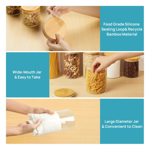Airtight Glass Storage Jars Set Of 7 With Bamboo Lids For Pasta Cookies Nuts Coffee Beans Cereal Flour Pantry Organization BPA Free Clear Glass Canisters in use, showcasing bamboo lids, wide-mouth design, and large diameter.