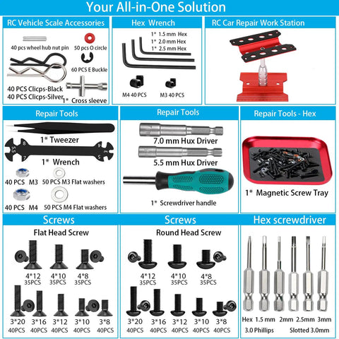 Beefy RC Car Repair Stand With 1100 Piece Screw Kit And Vehicle Scale Accessories overview and tool details.