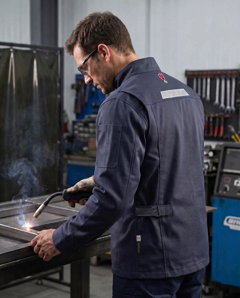 Heavy Duty Flame Resistant Welding Jacket For Men With 9.5 Oz 100 Percent Cotton Fabric Nfpa 2112 Certified Job Site Workwear Featuring Reflective Backstrip And Durable Daily Grind Comfort