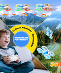 Smiling boy playing with Kids Drone for Beginners with LED Light Show and Safe Propeller Guards, 360 Degree Flips displayed.