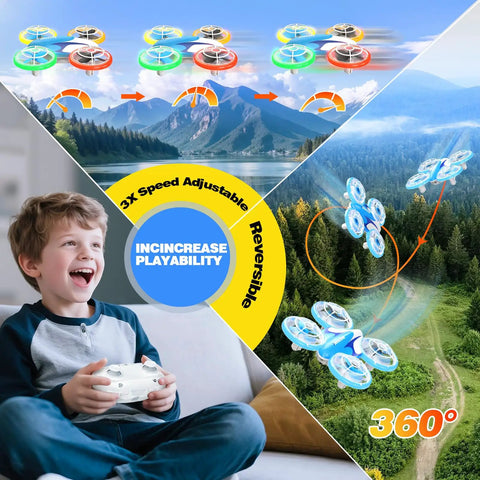Smiling boy playing with Kids Drone for Beginners with LED Light Show and Safe Propeller Guards, 360 Degree Flips displayed.
