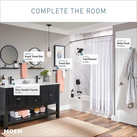 Genta LX Modern 6.8 Inch Matte Black Towel Bar in chic bathroom setup, single bar design with matching faucets and accessories.
